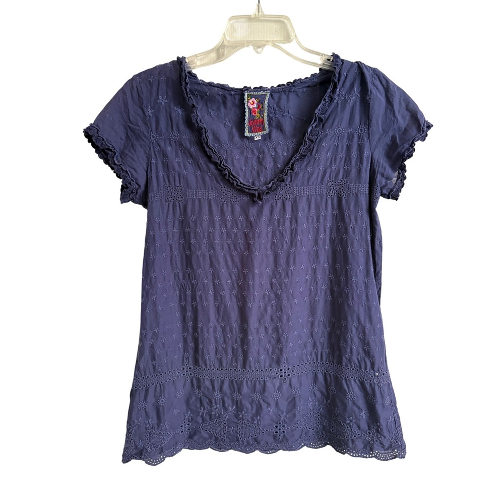 Johnny Was Blue Embroidered Eyelet Lace V-Neck Blouse Boho Cotton Top XS